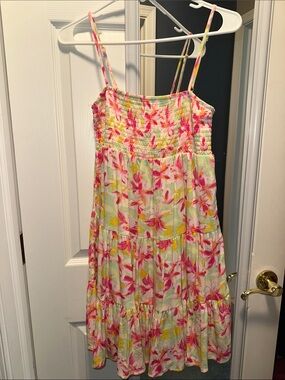 No Boundaries Pink & Yellow Floral Smocked Mini Dress